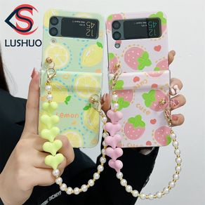 LUSHUO Phone Case for Samsung Galaxy Z Flip 3 5G and Z Flip 4 Cute Fruits Color Printing Back Cover with Love Heart Pearl Bracelet for Z Flip3 ZFlip3 ZFlip 3 Z Flip4 ZFlip 4