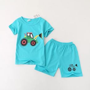 Boys Short Sleeve Blue Bulldozer Outfits 2Pcs Set Children Kids Cotton T-shirt Tops + Shorts Summer Casual Clothes Set [S040]