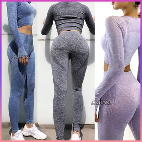 Women Yoga Set Gym Clothing Ombre Seamless Leggings+Cropped Shirts Workout Sport Suit Women Long Sleeve Fitness Set Active Wear
