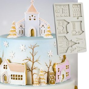Winter Village Molds Fondant Cake Decorating Tools Silicone Molds Sugarcraft Chocolate Baking Tools for Cakes Gumpaste Form