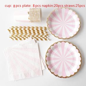 Vajilla desechable de fiesta de cumpleaños de vacaciones de moda de color rosa a rayas polka dot papel plato de papel taza servi