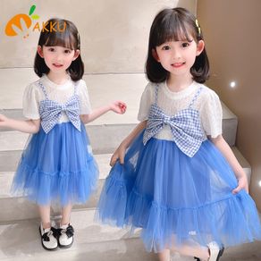 Girl Big Bow Dress Gauze Dress Lace Dress in Blue White For 2 year old AKKU