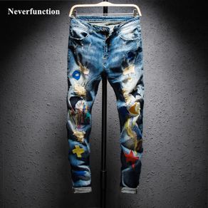 ripped pencil pants men jeans skinny denim biker jeans destroyed