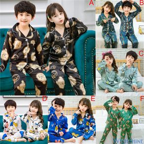 Children Sleepwear Pyjamas Set Long Sleeve Silk Stain Kids Boys Girls Pajamas Suit