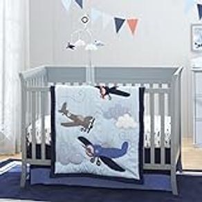 Carter's Take Flight Airplane/Cloud/Star 4 Piece Nursery Crib Bedding Set, Blue, Navy, Grey, Orange