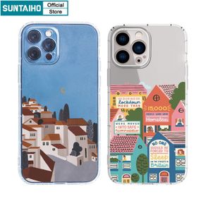 Suntaiho Fashion Creative Townscape Stickers Clear TPU Soft Case Compatible for iPhone 11 Pro Max 12 13 14 Pro XR XS Max 7 Plus 8 Plus Shockproof Casing