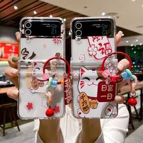 Z Flip 4 Casing Case for Samsung Galaxy Z Flip 4 Z Flip 3 DIY Cartoon Luck Fortune Cat Full Transparent Hard PC Protective Mobile Phone Case Cover