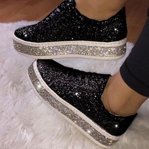 Women Flat Glitter Sneakers Casual Female Mesh Lace Up Bling Platform  Comfortable Plus Size Vulcanized Crystal Shining Shoes New