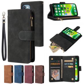 Hot Casing! for iPhone 13 12 Mini 11 Pro Max Luxury Black PU Leather Flip Stand Zipper Card Phone Case Wallet Cover with Lanyard