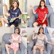【Ready Stock】M-5XL Plus Size Silk Pajamas Women Comfy Short Sleeves Pyjamas Sets Baju Tidur perempuan 100kg Can Wear Sleepwear