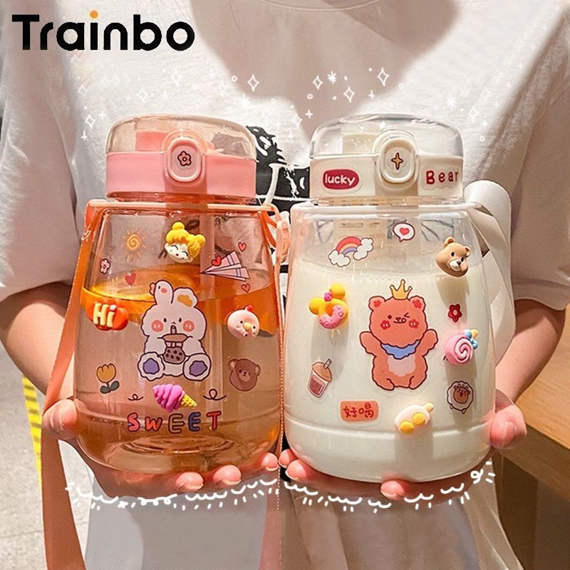 Cute Plastic Large Capacity Cup Kawaii Bear Kettle Travel Sport Tumbler  Portable Drinking Mug For Child Girl 1/1.4L Water Bottle