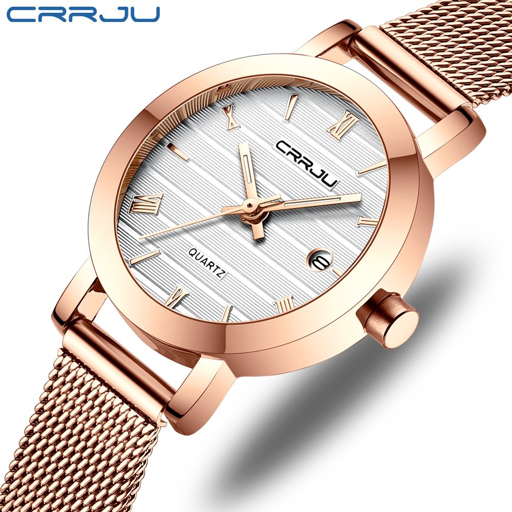 Crrju Japanese Women Stainless Steel Band Watches Ladies Quartz  Wristwatches Waterproof Mesh Bracelet Watch Relogio Feminino