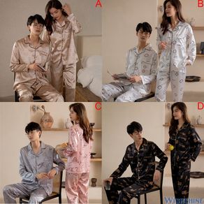 Unisex Couple Women Men Long Sleeve Pajamas Nightwear satin silk Comfy Sleepwear Baju Tidur