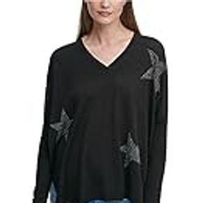 DKNY Womens Star-Print Drop-Shoulder Sweater, Black Silver, X-Large