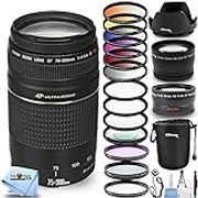 Canon EF 75-300mm f/4-5.6 III Lens MEGA Bundle with 3 Filter Kits, Telephoto and Wide Angle Lens, Lens Pouch, Tulip Hood Lens + Much More (Black) [International Version]