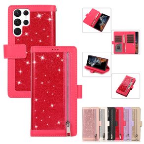 Luxury Zipper Casing For Samsung Galaxy S23 Ultra 5G S23 Plus S22 Plus S22 Ultra S21 FE 5G S20 FE 5G S23+ S22+ Glitter Wallet Soft PU Leather Flip Stand Skin Cover Case