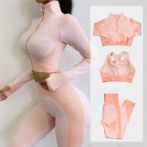 Fitness Suits Yoga Women Outfits Sets Long Sleeve Shirt+Sport Bra+Seamless Leggings Workout Running Clothing Gym Wear,LF051