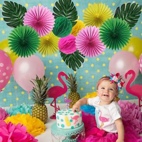 15pcs Flamingo Fiesta Themed Birthday Party Cake Topper Garland Palm Leaves Honeycomb Pineapple Balls Fans Hawaiian Decor