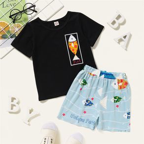 Kids Toddler Baby Boy Summer 2PCS Clothes Set Fishes Print Short Sleeve T-shirt Top + Blue Shorts Sport Casual Outfit