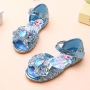 Disney Brand Frozen Girls Sandals With Bow Fashion Elsa Princess Beach Shoes Summer Children Sequins Flat Sandals Blue Pink