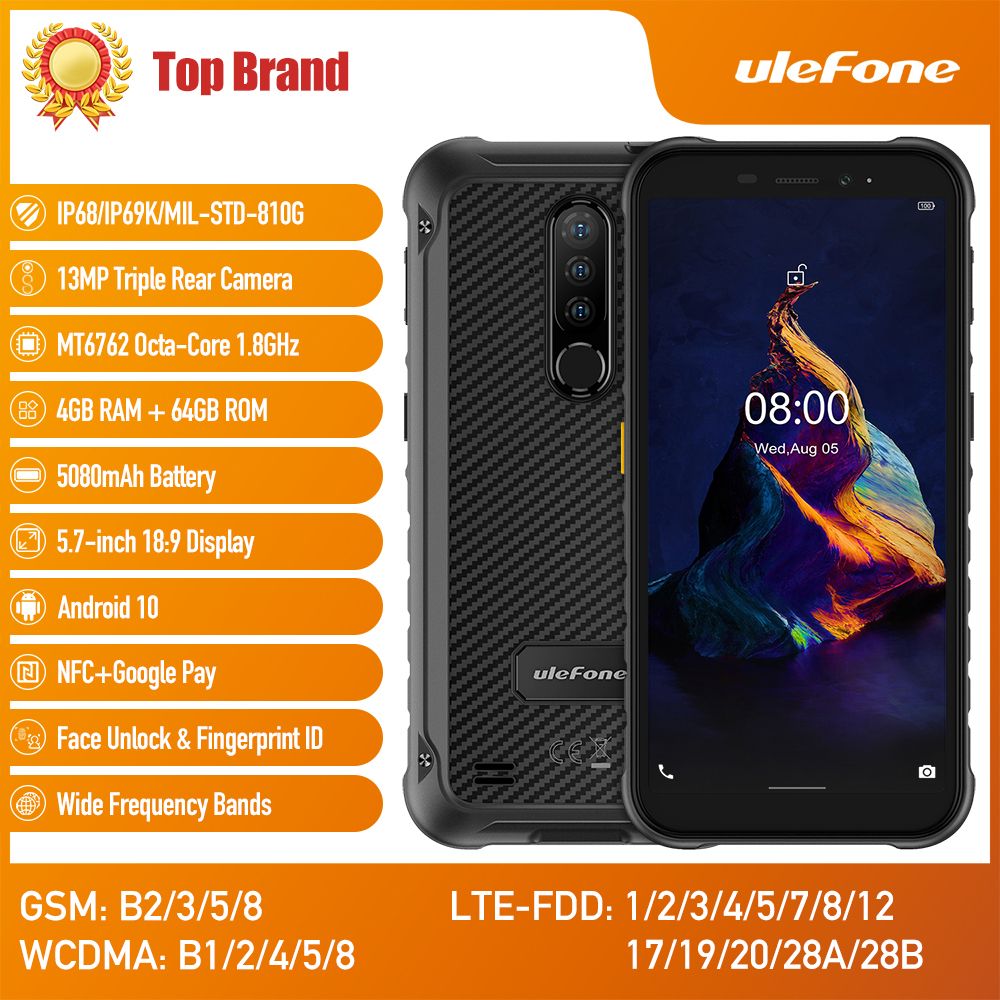 ULEFONE ARMOR X7 PRO RUGGED 4gb 32gb Quad Core 13mp Face Id 5.0 Android 10  LTE