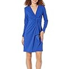 DKNY Women's Long Sleeve Scuba Crepe with Knot at Waist and Cascading Ruffle, Cobalt
