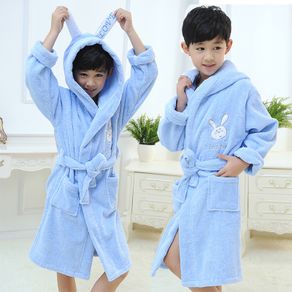 Cotton Boys Bathrobe Cartoon peignoir enfant Gown Hooded Robes Children's Bathrobe Kids Winter White Blue Home Wear Soft Pajamas