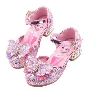 Disney Diamond bow children's princess shoes summer frozen girls high heels baby sandals little girl elsa crystal shoes