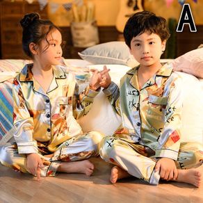 Children Pyjamas Kids Long Sleeve Baju Tidur Sleepsuit Sleepwear Silk Stain Boys Girls Pajamas Set