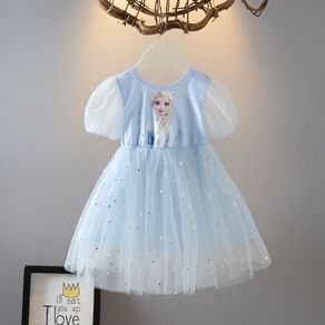New Frozen Aisha Mesh Dress 2-8 Years Old Child Girl Cartoon Aisha Princess Dress Short Sleeve Cotton Tutu Skirt