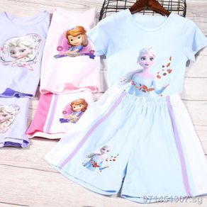 ♙△✲❅▤✓【Set】Girls Pure Cotton Frozen Princess of Elsa Short-Sleeve + Short Pant Cartoon Suit