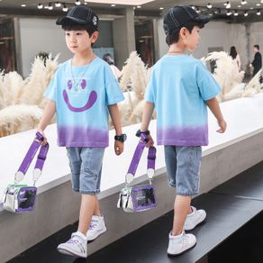 Children's Clothing Summer Clothes Boys 2022 New Style Medium Big Kids Influencer Denim Pants Children Short-Sleeved Two-Piece Suit