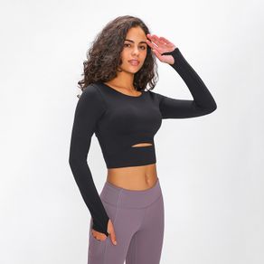 Women's Yoga Gym Crop Top Slim Fit Workout Athletic Long Sleeve Shirt