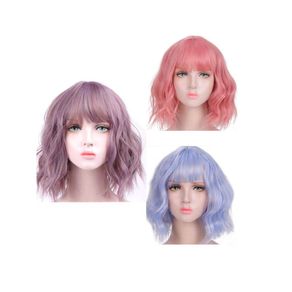 Fashion chemical fiber wig Qi bangs pink short curly corn perm wave hair set European and American short hair wig