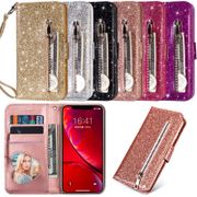 Zipper Casing For iPhone 12 Pro Max 11 Pro Max XR XS Max 12 Mini 11 X Luxury Glitter Wallet PU Soft Leather Flip Stand Card Slots Case Cover