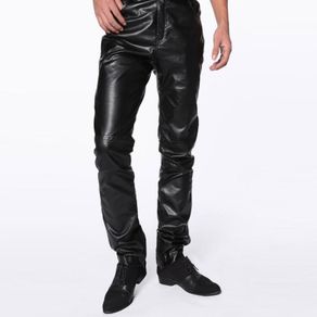 Slim motorcycle faux leather pants mens feet pants personality fashion pu trousers for men pantalon homme spring autumn black