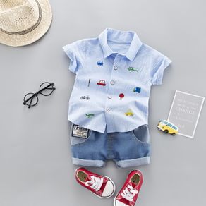 Boys Short Sleeve Cars Outfits 2Pcs Sets Children Kids Cotton Shirt Tops + Shorts Summer Casual Clothes Set