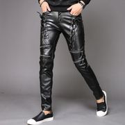 zipper black straps personality fashion motorcycle faux leather pants mens feet pants pu trousers for men pantalon homme autumn