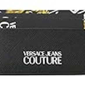 Versace Jeans Couture Black Gold Leather Baroque Brush Pattern Cardholder for mens, Black Gold, 4-3-0.25