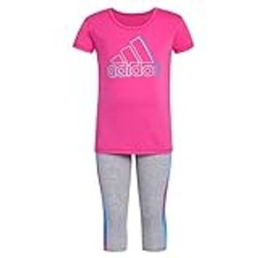 adidas Girls' 2 Piece Cotton Tee 3-Stripe Tight Set, Pink, 5