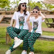 Cartoon style short-sleeved T-shirt mother-daughter parent-child suit Korean women's summer dress Round neck casual suit Travel mother's and daughter's sister's dress Girls' children's summer Short-sleeved T-shirt and leggings two-piece set