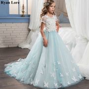 Elegant Light Blue Flower Girl Dresses 2020 Appliques Short Sleeve Kids Princess For Weddings First Communion Dress Pageant Gown