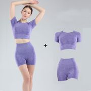 Women Short Sleeve Yoga Set 2 Piece Vital Seamless Sport Suit Gym Clothes Fitness Crop Top Shirt High Waist Shorts Sportswear