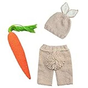 ODASDO Newborn Photography Outfits Baby Boy Girl Easter Bunny Costume Photo Props Handmade Crochet Knit Hat Shorts Set, Khaki Shorts + Carrot, 0-3 Months