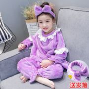 ☌Children s coral fleece pajamas girls autumn and winter flannel baby little girl thickened home service parent-child su