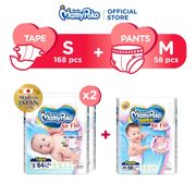 MamyPoko Air Fit Tape Diapers S 84s x 2 Packs (4-8kg) + MamyPoko Air Fit Pants Diapers M 58s (6-12kg) x 1 Pack