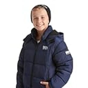 DKNY Boys Heavyweight Winter Coat - Water Resistant Insulated Fleece Lined Quilted Puffer Ski Jacket with Hat, Size 10-12, Navy