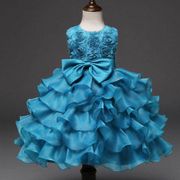 Girl Dress Kids Ruffles Lace Party Wedding Dresses Bowknot Floral Princess Dresses Blue