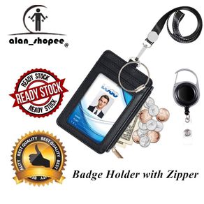 Badge Holder with Zipper Life-Mate PU Leather ID Badge Card Holder Wallet Case with 5 Card Slots 1 Side Zipper Pocket & 19' Polyester Neck Lanyard
