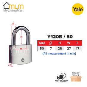Yale Y120B/50/127/1 Silver Series Outdoor Brass / Satin Padlock (Baron Shackle) 50mm 1pcs New Design